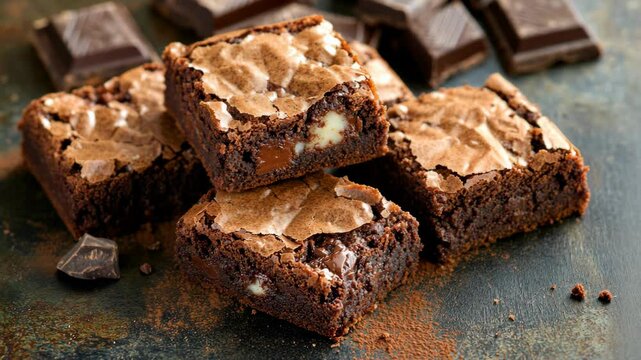 A stack of fudgy brownies with chocolate chips sit on a dark countertop