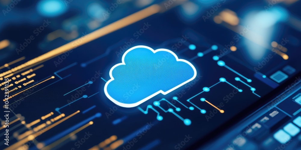 Poster a digital representation of a cloud symbol with circuit-like elements, indicating cloud computing an