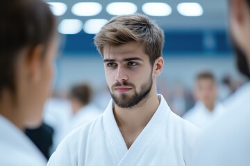 A focused man in a karate uniform stands with determination amid a blurred dojo background, showcasing discipline and concentration.