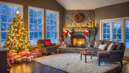 Obraz premium AI-generated image of Christmas comes to life with a warm cozy fireplace