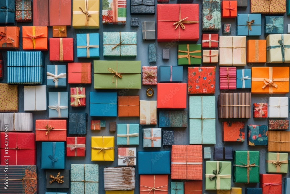 Poster Numerous small, colorful gift boxes of different sizes are neatly arranged, creating a festive and cheerful display perfect for celebrations. Generative AI