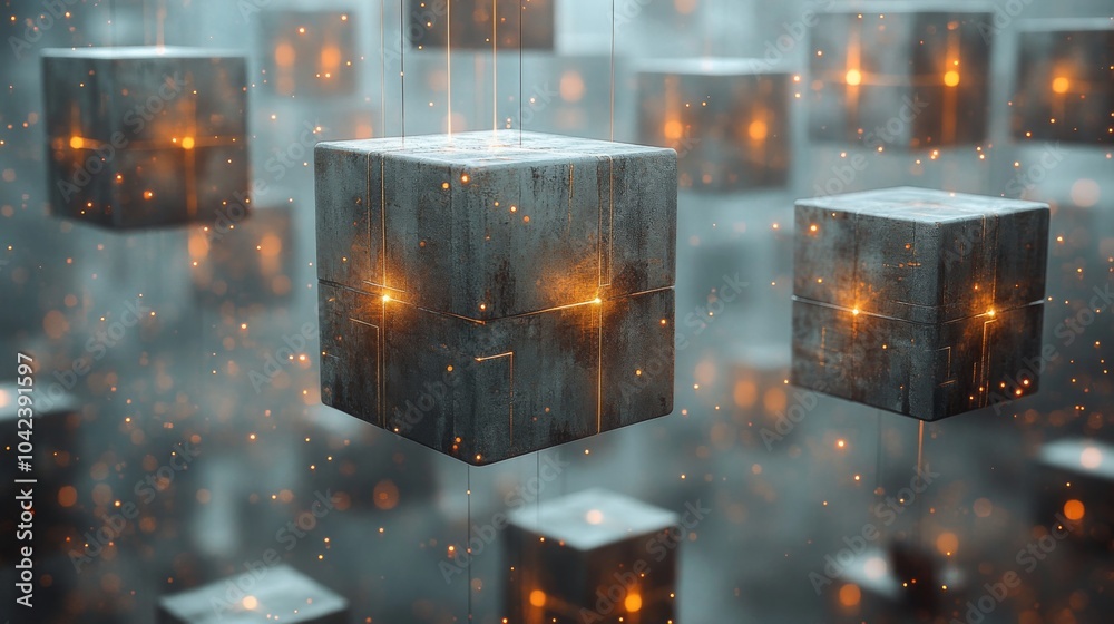 Poster In a mysterious misty setting, metallic cubes float weightlessly while glowing lights emanate from their surfaces, creating a captivating visual effect.