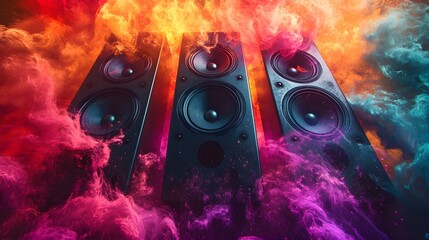Overhead close-up of black speakers with neon paint exploding in vibrant colors, energetic sound waves radiating, capturing the spirit of a fun party, Digital Art, High Contrast