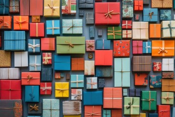 Numerous small, colorful gift boxes of different sizes are neatly arranged, creating a festive and cheerful display perfect for celebrations. Generative AI