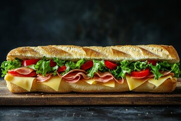 A delicious and fresh baguette sandwich with ham, cheese, lettuce and tomato on a wooden board.