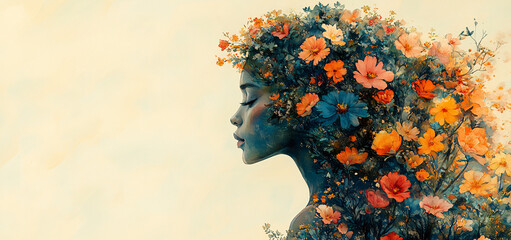 A whimsical watercolor silhouette of a woman filled with vibrant flowers, ideal for wellness, feminine events, or inspirational art. Perfect for Mother's Day or floral-themed designs.