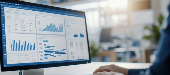 Business professional analyzing data on computer screen displaying charts and graphs in modern office environment.