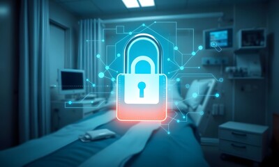 A hospital bed with a digital lock hovering above symbolizes healthcare data security and patient privacy. Encrypted data streams surround the bed, blending technology with the protection of sensitive