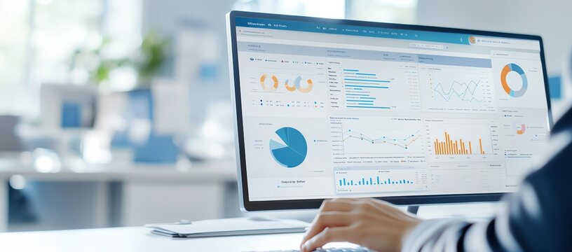 Business professional analyzing data on a computer screen with graphs and charts in a modern office environment, showcasing data analysis.