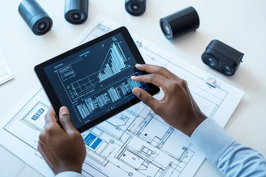 Business professional analyzing digital data on a tablet over architectural plans, enhancing project precision and efficiency.