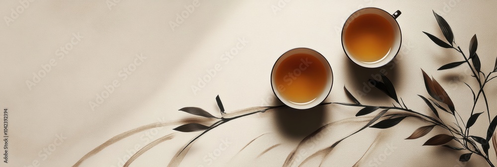 Poster two tea cups rest peacefully among harmonious intersecting lines resembling tea leaves, creating a c