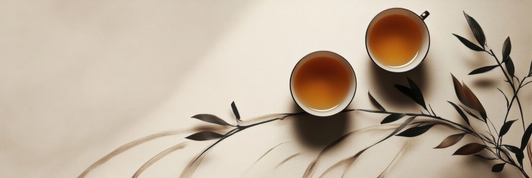 Two tea cups rest peacefully among harmonious intersecting lines resembling tea leaves, creating a calm and inviting atmosphere. Generative AI