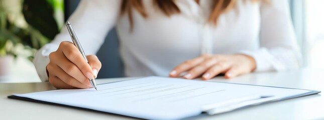Close-up of a person in a white shirt signing a document with a pen. Represents business, agreement, contract, or paperwork concept.