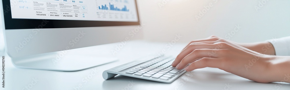 Poster close-up of hands typing on a wireless keyboard in a modern office setting, with a computer monitor 
