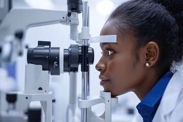 Close-up of a woman undergoing an eye examination using an advanced optical device in a modern medical clinic.