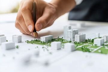 Fototapeta premium Close-up of an architect's hand drawing on a city planning model showcasing urban design and development with buildings and green spaces.