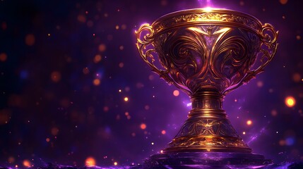 Rich golden trophy with intricate scrollwork, standing proudly on a deep purple tech-inspired background, subtle light reflections enhance the contrast