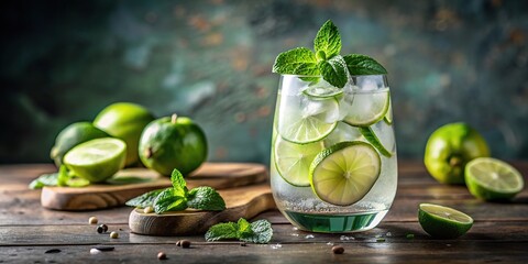 Refreshing cocktail with cucumber, gin, lime, and mint