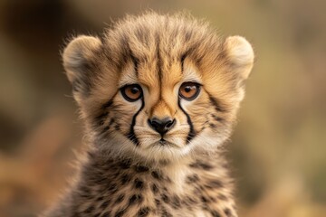 Obraz premium Mystic portrait of baby African Cheetah in studio, copy space on right side, Headshot, Close-up View, isolated on white background