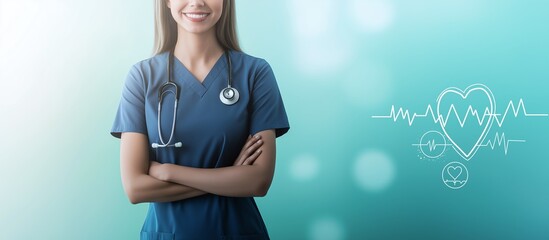 Confident healthcare professional in blue scrubs with stethoscope, smiling with arms crossed against medical graphic background.