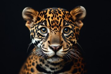 Obraz premium Mystic portrait of baby Amazon Jaguar in studio, copy space on right side, Headshot, Close-up View, isolated on black background