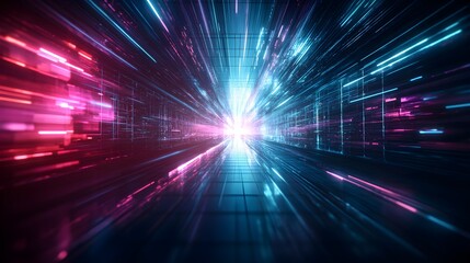 Intricate geometric patterns, vibrant neon lights in blues, purples, and pinks, suspended in dark cyberspace, reflective surfaces, sharp edges, cyberpunk, 3D