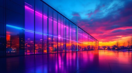 Obraz premium High-tech building with vibrant holographic lights at twilight, neon reflections on glass, futuristic architecture, bold purple and blue tones, digital painting style