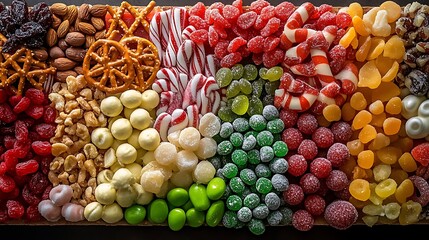 A festive charcuterie board filled with an assortment of colorful Christmas candies—peppermint bark, chocolate-covered pretzels, candy canes, and green gumdrops—arranged alongside dried fruits and nut