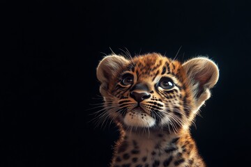 Mystic portrait of baby Arabian Leopard in studio, copy space on right side, Headshot, Close-up View, isolated on black background