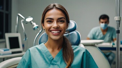 Obraz premium Beautiful happy dentist patient with a bright smile. Young Brazilian woman smiling in dentist room