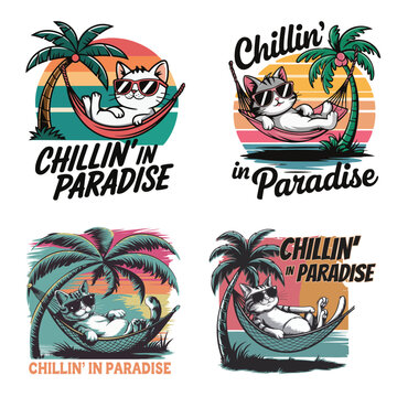 Tropical island with palms t-shirt design, cat spending leisure time on beach t-shirt vector art illustration