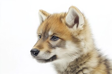 Fototapeta premium Mystic portrait of baby Arctic Wolf in studio, copy space on right side, Headshot, Close-up View, isolated on white background