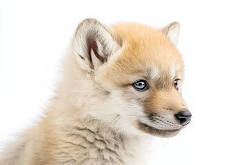 Fototapeta premium Mystic portrait of baby Arctic Wolf in studio, copy space on right side, Headshot, Close-up View, isolated on white background