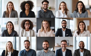 Fototapeta premium Diverse group of professionals in a virtual meeting grid, smiling, representing teamwork and collaboration in a modern workplace.