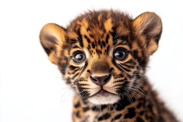 Obraz premium Mystic portrait of baby East African Jaguar in studio, copy space on right side, Headshot, Close-up View, isolated on white background