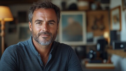 Obraz premium Man with graying hair and beard smiling in a warmly lit room with blurred background