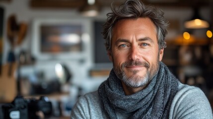 Obraz premium Smiling man with gray hair and a scarf, sitting in a warmly lit indoor setting
