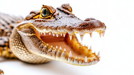 Obraz premium Close-up of a crocodile with an open mouth, showcasing its sharp teeth and rough skin texture, isolated on a bright white background