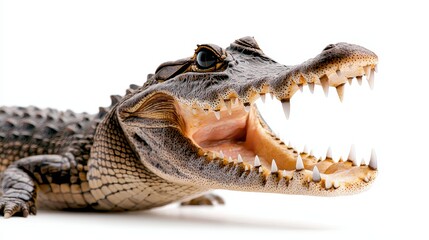 Fototapeta premium Close-up of a crocodile with an open mouth, showcasing its sharp teeth and rough skin texture, isolated on a bright white background