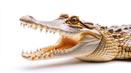 Obraz premium Close-up of a crocodile with its mouth open wide, sharp teeth visible, isolated on a clean white background. wildlife crocodile, focus on detail