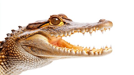 Obraz premium Close-up of a crocodile with an open mouth, showcasing its sharp teeth and rough skin texture, isolated on a bright white background