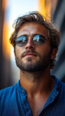 Fototapeta premium Man with sunglasses and a beard, wearing a blue shirt, stands outdoors with a blurred urban background