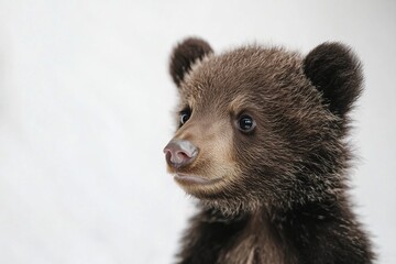 Obraz premium Mystic portrait of baby Grizzly Bear in studio, copy space on right side, Headshot, Close-up View, isolated on white background