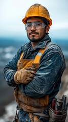 Construction worker wearing a yellow hard hat, safety goggles, and gloves, standing with arms crossed confidently