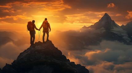 Two climbers enjoy a sunset view from a mountain peak.