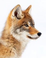 Fototapeta premium Mystic portrait of baby Himalayan Wolf, copy space on right side, Headshot, Close-up View, isolated on white background