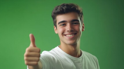 A smiling individual gives a thumbsup radiating positivity and success against a vivid green background.