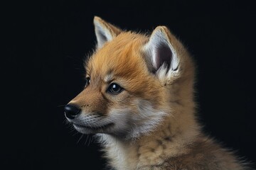 Fototapeta premium Mystic portrait of baby Himalayan Wolf in studio, copy space on right side, Headshot, Close-up View, isolated on black background