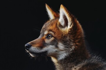 Fototapeta premium Mystic portrait of baby Himalayan Wolf in studio, copy space on right side, Headshot, Close-up View, isolated on white background