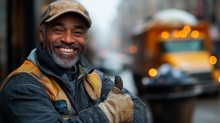 Obraz premium Smiling man wearing work clothes and gloves gives a thumbs up on a street with a blurry truck behind
